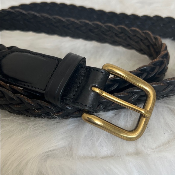 Black Braided Woven Leather Belt w/ Solid Brass Buckle - Picture 1 of 4